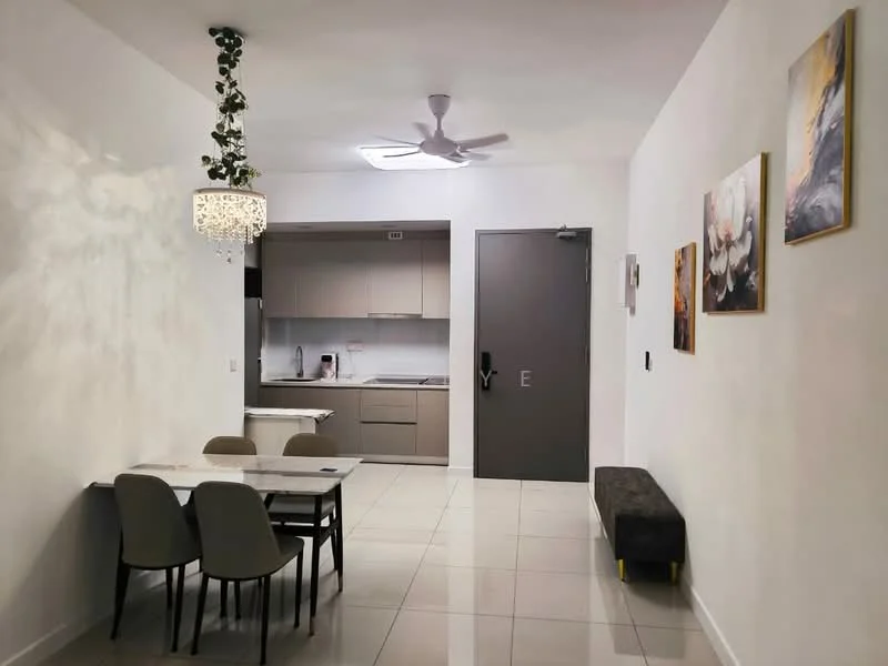 Dining features: white walls, glossy tile flooring, 5-blade ceiling fan with light, chandelier with crystals, 4-seater dining table, upholstered dining chairs in grey, kitchen area visible in background, door leading to hallway, decorative wall art, bench seating against wall; style: modern. Kitchen features: light grey cabinetry, stainless-steel appliances, built-in oven, ceramic cooktop, kitchen countertop, sink, backsplash, refrigerator, open shelving; style: modern.