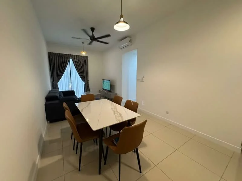 Dining features: rectangular dining table with marble top, 8 dining chairs in brown, 3-blade ceiling fan, wall-mounted TV, floor-to-ceiling windows with sheer curtains, light-colored walls, cream tiled flooring, air conditioning unit; style: modern. Living features: 3-seater fabric sofa in dark blue, decorative wall with TV unit, light-colored walls, cream tiled flooring, natural light from windows; style: modern.