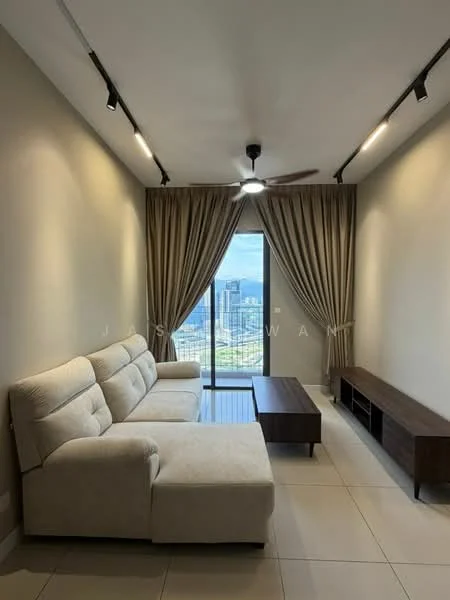 Living features: L-shape sectional sofa in beige, wood coffee table, TV console, floor-to-ceiling windows, sheer curtains, 5-blade ceiling fan with light, recessed downlights, cream painted walls, tile flooring, city view; style: modern; view: city.
