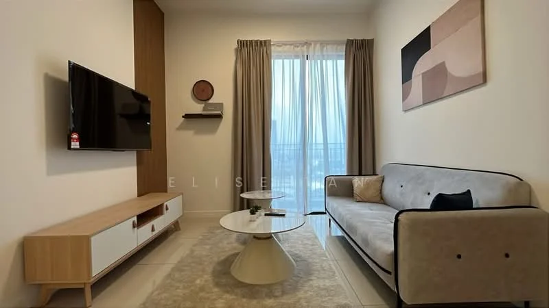 Living features: 3-seater fabric sofa in light grey, coffee table with round top, TV console with white and wood finish, wall-mounted flat-screen TV, area rug with neutral color, floor-to-ceiling windows with sheer curtains, decorative wall art, wooden wall shelf; style: modern; view: city.