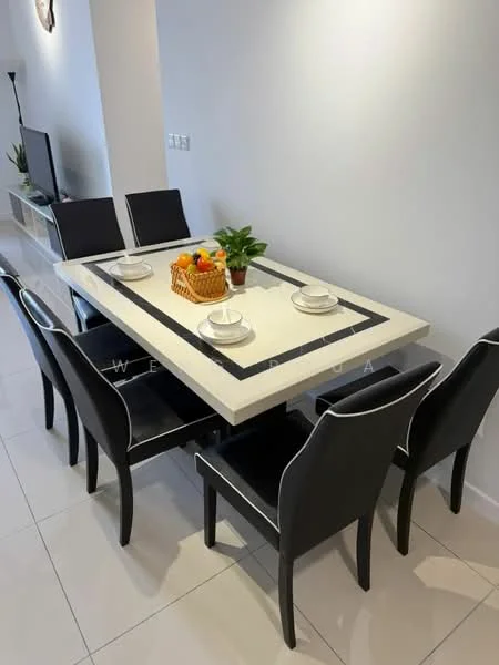 Dining features: rectangular dining table with white marble top, black dining chairs with white piping, decorative fruit basket, table settings with plates, neutral wall colour, glossy tile flooring, minimalist decor, indirect lighting; style: modern.