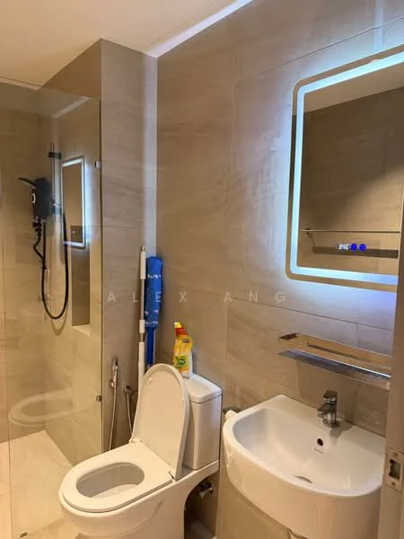 Bathroom features: walk-in shower with glass enclosure, rain shower head, handheld shower, single-sink vanity with wall-mounted faucet, framed mirror with LED backlighting, one-piece toilet, tile cladding on walls, ceramic tile flooring, chrome towel rail, shelf above sink; style: modern.