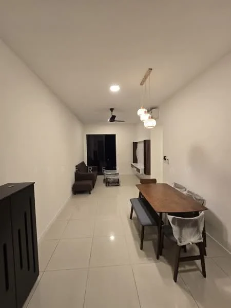 Living features: white painted walls, glossy ceramic tile flooring, ceiling fan, 3-bulb pendant light, sofa in brown fabric, dining table with wooden top, 4 dining chairs, TV console, floor-to-ceiling window, black cabinet, neutral decor; style: modern.