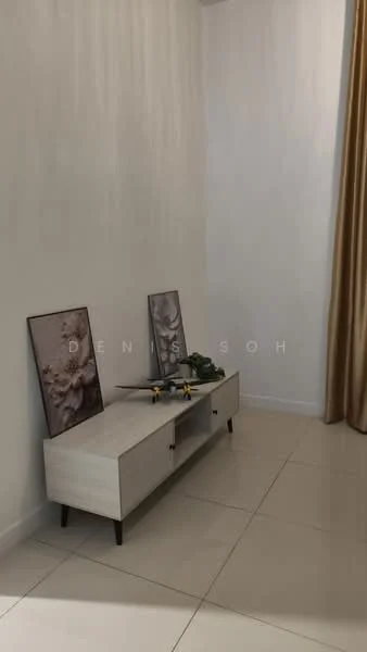 Room features: white painted walls, cream floor tiles, wooden console table, two framed artworks, decorative plant, floor-to-ceiling curtains in beige; style: modern.