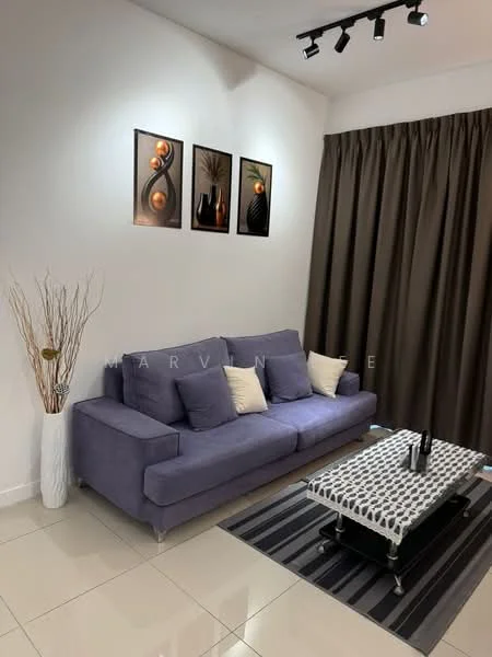 Living features: purple fabric sofa, coffee table with metal frame, area rug with geometric pattern, 3 framed wall art pieces, floor-to-ceiling curtains in dark color, recessed LED downlights, decorative floor vase with branches, glossy tile flooring; style: modern.
