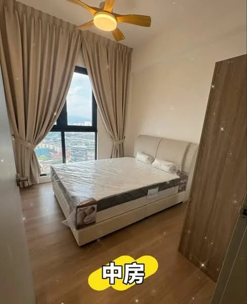 Bedroom features: queen-size bed, upholstered headboard, floor-to-ceiling window, curtains, wooden flooring, ceiling fan, built-in wardrobe, decorative wall, city view; style: modern; view: city.