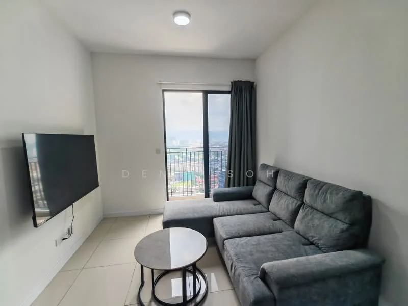 Living features: 3-seater fabric sofa in grey, round coffee table with black base, wall-mounted TV, floor-to-ceiling windows, curtains in dark grey, light-colored walls, tile flooring, recessed ceiling light; style: modern; view: city.