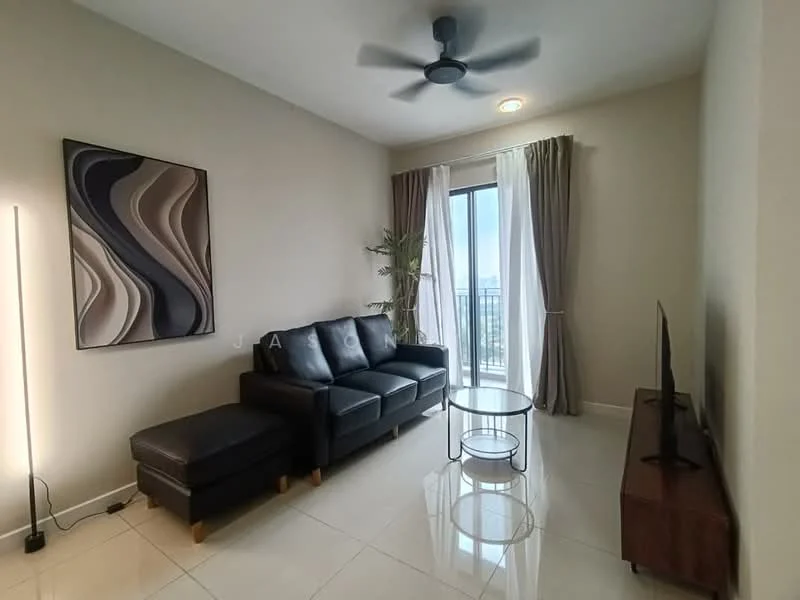 Living features: 3-seater leather sofa in black, coffee table with glass top, wall-mounted TV, TV console in wood, floor-to-ceiling windows, sheer curtains, black ceiling fan with light, decorative wall art, tile flooring in white, potted plant; style: modern; view: city.
