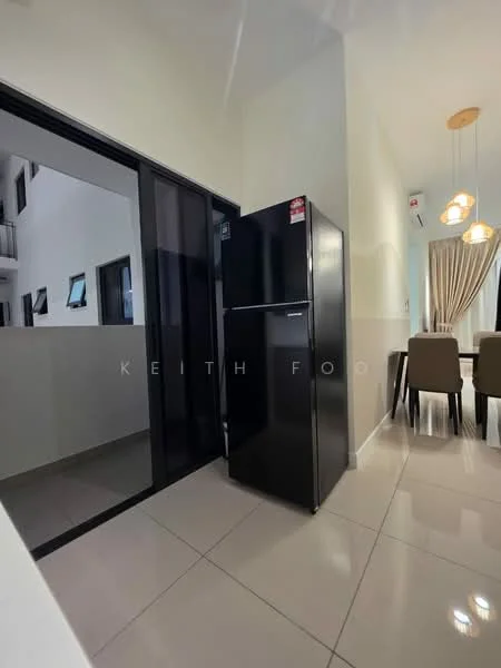 Kitchen features: black fridge, white walls, glossy tile flooring, dining table with chairs, large window, curtains, pendant lighting; style: modern.