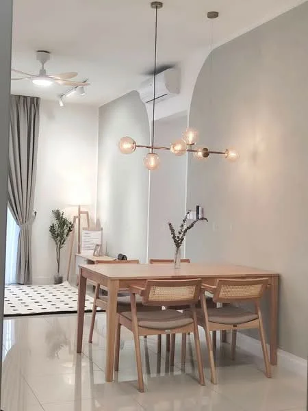 Dining features: wooden dining table, 4 dining chairs, pendant light fixture with globe bulbs, wall-mounted air conditioning unit, light grey painted walls, floor-to-ceiling windows with sheer curtains, polished tile flooring, decorative plant in pot, area rug with geometric pattern; style: modern.