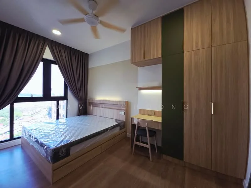 Bedroom features: queen-size bed with mattress, wooden bed frame, built-in wardrobe with sliding doors, study desk with chair, wooden flooring, ceiling fan, floor-to-ceiling window, curtains, wall-mounted light fixture, decorative wall paneling; style: modern; view: city.