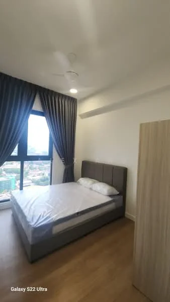 Bedroom features: queen-size bed, upholstered headboard, floor-to-ceiling window, grey curtains, wooden flooring, recessed downlights, nightstand, built-in wardrobe; style: modern; view: city.