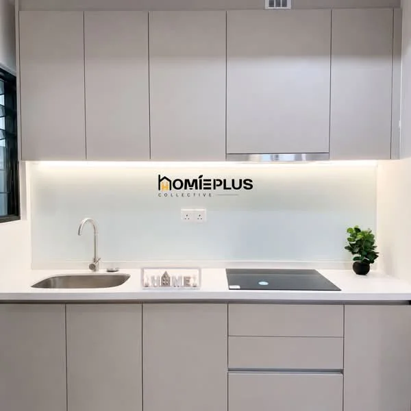 Kitchen features: single-bowl stainless-steel sink, chrome pull-down faucet, white quartz countertop, flat-panel light grey cabinets, built-in induction cooktop, backlit glass backsplash, under-cabinet LED lighting, small potted plant; style: modern.