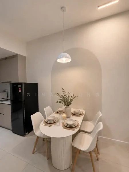 Dining features: round dining table, white dining chairs, decorative vase with greenery, table setting with plates and cutlery, pendant light fixture, light grey walls, tile flooring, minimalist decor; style: modern. Kitchen features: black refrigerator, built-in cabinetry, countertop, kitchen appliances visible; style: modern.