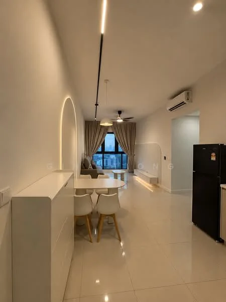 Living features: white painted walls, polished ceramic tile flooring, 5-blade ceiling fan with light, recessed LED downlights, floor-to-ceiling windows, curtains, dining table for four, white dining chairs, black refrigerator, air conditioning unit; style: modern; view: city.
