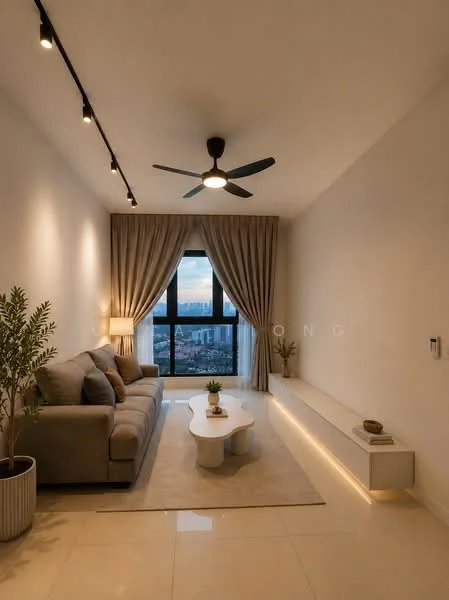 Living features: 3-seater fabric sofa in light grey, coffee table with curved design, TV console with built-in lighting, floor-to-ceiling window, sheer curtains, 5-blade ceiling fan with light, decorative plant in ceramic pot, area rug with neutral color, recessed LED downlights, cream painted walls, polished tile flooring; style: modern; view: city.