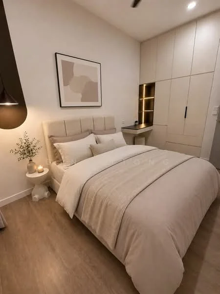 Bedroom features: queen-size bed with upholstered headboard, light beige bedding, decorative throw blanket, nightstand with lamp, wall-mounted artwork, built-in wardrobe with sliding doors, study desk, wooden flooring, recessed ceiling lights, ceiling fan; style: modern.