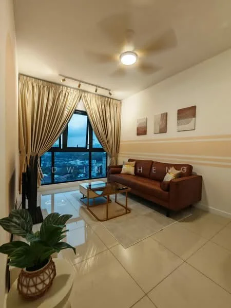 Living features: brown leather sofa, coffee table, area rug, floor-to-ceiling windows, sheer curtains, recessed downlights, ceiling fan, wall-mounted artwork, white painted walls, tile flooring; style: modern; view: city.