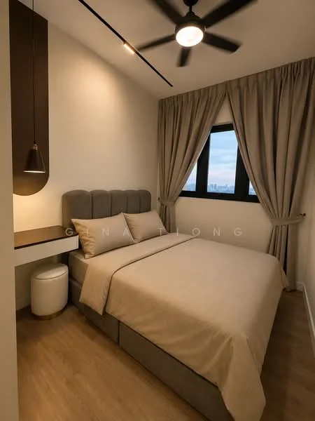 Bedroom features: queen-size bed with beige bedding, upholstered headboard, wooden bedside table, white stool, floor-to-ceiling window, beige curtains, 5-blade ceiling fan with light, light wood flooring, wall-mounted light fixture, neutral painted walls; style: modern; view: city.