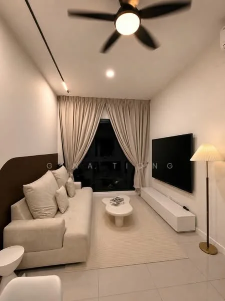 Living features: 3-seater fabric sofa in beige, white coffee table, TV console, wall-mounted TV, floor lamp, ceiling fan with light, sheer curtains, white walls, tile flooring, area rug; style: modern.