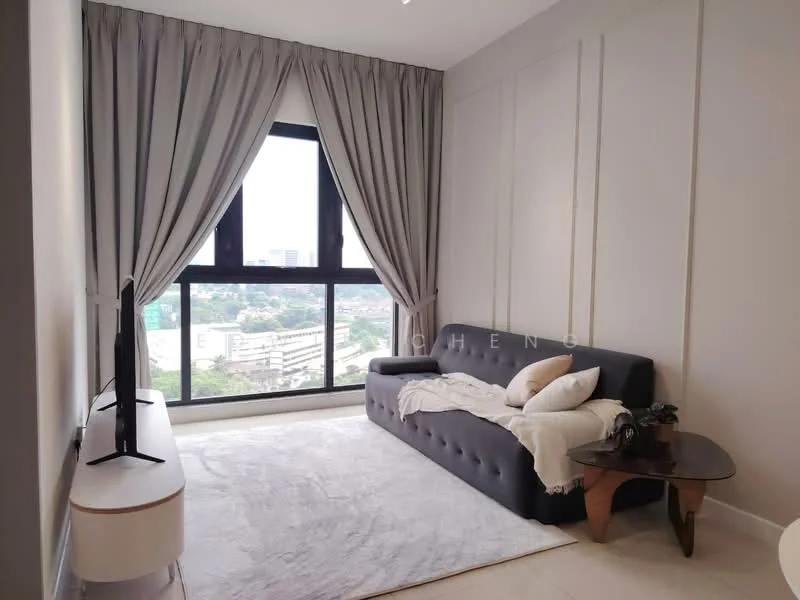 Living features: grey fabric sofa, white throw pillows, white area rug, floor-to-ceiling windows, sheer curtains, black window frame, TV console, wall-mounted TV, decorative side table; style: modern; view: city.