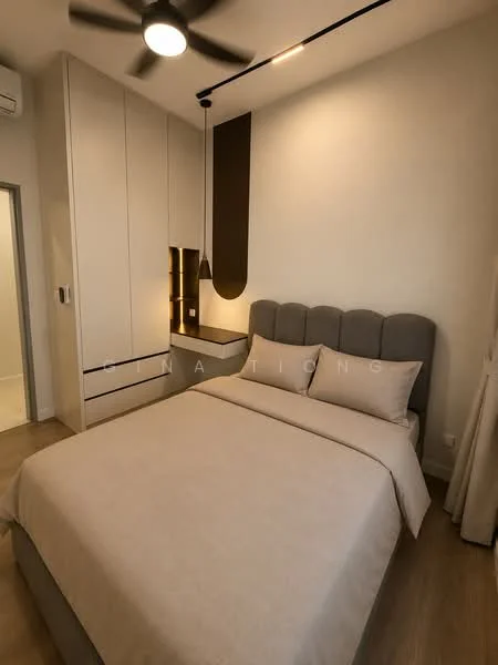 Bedroom features: queen-size bed with upholstered headboard, light-colored bedding, wooden flooring, built-in wardrobe with sliding doors, wall-mounted bedside lamps, ceiling fan with light, neutral wall color, decorative wall paneling; style: modern.