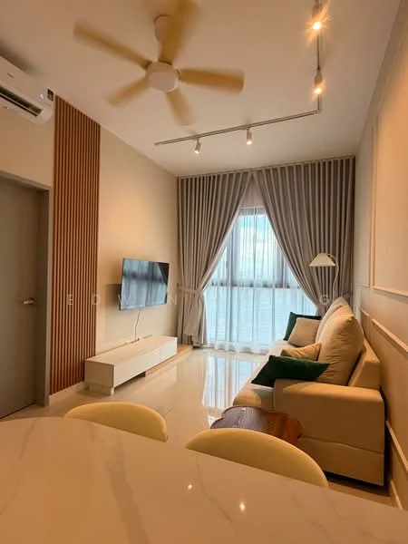 Living features: 3-seater fabric sofa in cream, green accent cushions, white TV console, wall-mounted TV, floor-to-ceiling windows, sheer curtains, grey drapes, ceiling fan with light, recessed LED downlights, cream painted walls, polished tile flooring, wood panel accent wall; style: modern.
