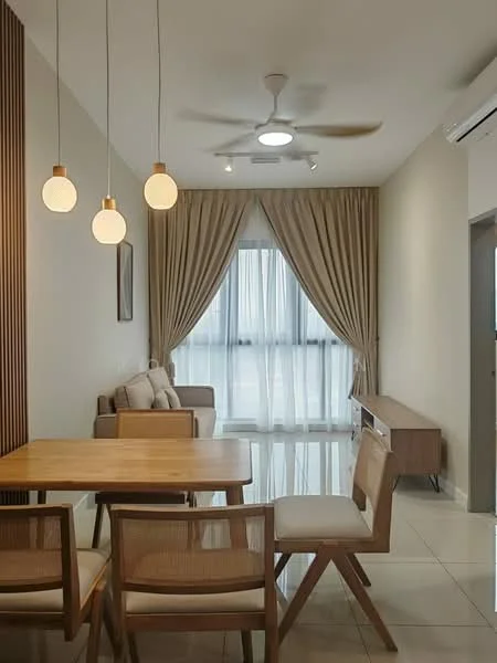 Dining features: wooden dining table, 4 wooden dining chairs, pendant lighting with three globes, cream curtains, floor-to-ceiling windows, light-colored walls, polished tile flooring, ceiling fan with light; style: modern. Living features: beige fabric sofa, wooden sideboard, framed artwork on wall, light-colored walls, polished tile flooring; style: modern.