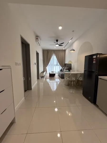 Living features: white painted walls, glossy ceramic tile flooring, 5-blade ceiling fan with light, recessed downlights, large window with sheer curtains, sofa, coffee table, dining table with chairs, stainless-steel fridge, built-in cabinetry; style: modern.