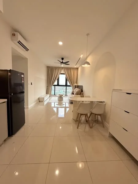 Living features: white painted walls, polished ceramic tile flooring, 5-blade ceiling fan with light, floor-to-ceiling windows, sheer curtains, refrigerator, white dining table, 3 white dining chairs, white sideboard, sofa, light fixture, decorative plant; style: modern; view: city.