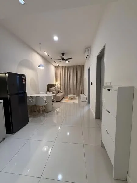 Living features: white painted walls, glossy white tile flooring, 5-blade ceiling fan with light, sofa in beige, area rug, curtains in light fabric, wall-mounted air conditioning unit, coffee table, TV console, dining table with chairs, refrigerator in black, pendant light fixture; style: modern.