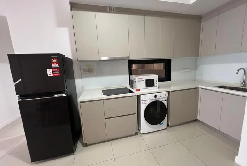 Kitchen features: black fridge, white built-in oven, white front-load washing machine, single-bowl stainless-steel sink, chrome pull-down faucet, white quartz countertop, flat-panel grey cabinets, tile flooring, recessed downlights, window above sink; style: modern.