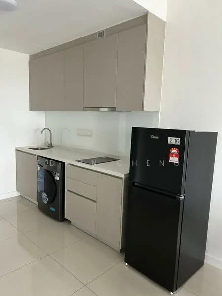 Kitchen features: light grey cabinetry, white countertop, single-bowl stainless-steel sink, chrome pull-down faucet, built-in oven, freestanding washing machine, black refrigerator, ceramic tile flooring, white painted walls, recessed downlights; style: modern.