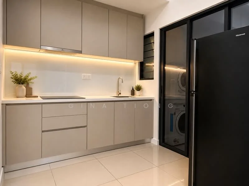 Kitchen features: grey flat-panel cabinets, white quartz countertop, single-bowl stainless-steel sink, chrome pull-down faucet, built-in oven, stainless-steel fridge, ceramic tile flooring, recessed LED downlights, white backsplash, window with black frame, laundry area visible through glass door; style: modern.