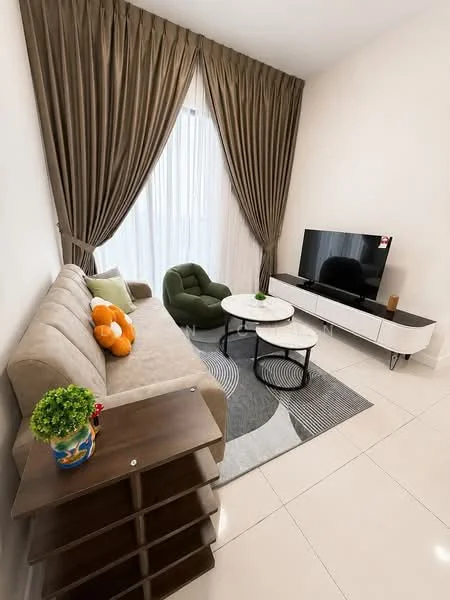 Living features: beige fabric sofa, green accent chair, round coffee table with white top, black metal base for coffee table, TV console in white with drawers, wall-mounted TV, large floor-to-ceiling windows, sheer white curtains, grey area rug with geometric pattern, decorative plant in ceramic pot, wooden side table, orange plush toy; style: modern.