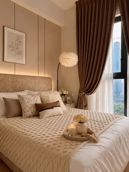 Bedroom features: king-size bed with upholstered headboard, cream knitted bedspread, decorative pillows in beige and brown, floor-to-ceiling windows, sheer curtains, brown drapes, wall-mounted reading lamp, framed artwork on wall, decorative vase with flowers, candle on bedside table, wooden bedside table, area rug with neutral tones; style: modern; view: city.