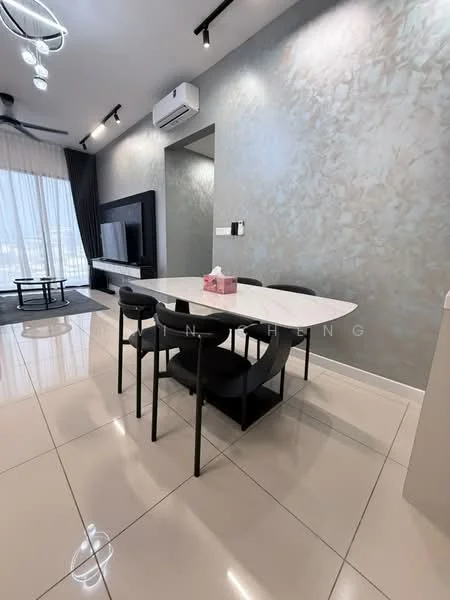 Dining features: white dining table, 4 black upholstered dining chairs, grey accent wall, recessed downlights, wall-mounted TV, floor-to-ceiling windows, light-coloured tile flooring, 1 wall-mounted split AC; style: modern; view: city.