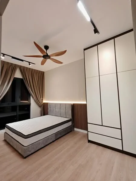 Bedroom features: queen-size bed frame without mattress, upholstered headboard, built-in wardrobe with sliding doors, wooden flooring, 5-blade ceiling fan, curtains, recessed LED downlights, accent wall with wood paneling; style: modern; view: city.