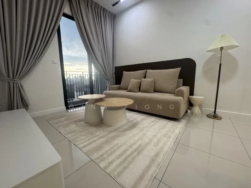 Living features: beige fabric sofa, two round coffee tables, area rug with neutral color, floor-to-ceiling windows, curtains in grey, lampshade floor lamp, white tiled flooring, neutral wall color; style: modern; view: city.