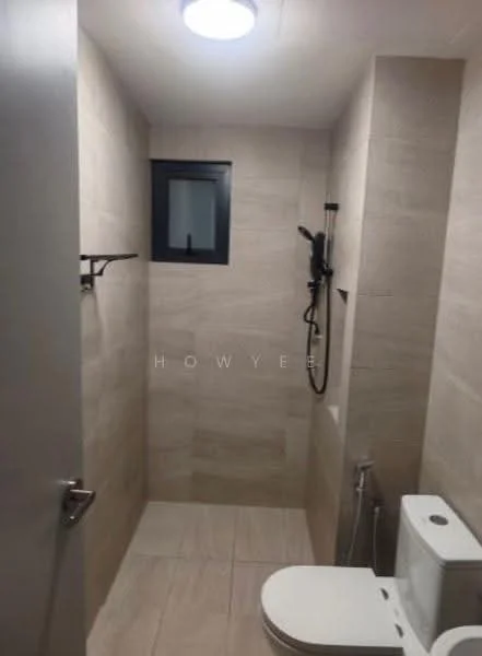 Bathroom features: light beige tile walls, light beige tile flooring, walk-in shower with glass partition, chrome handheld shower, wall-mounted shower faucet, one-piece toilet, small window, wall-mounted towel rack, ceiling light fixture; style: modern.