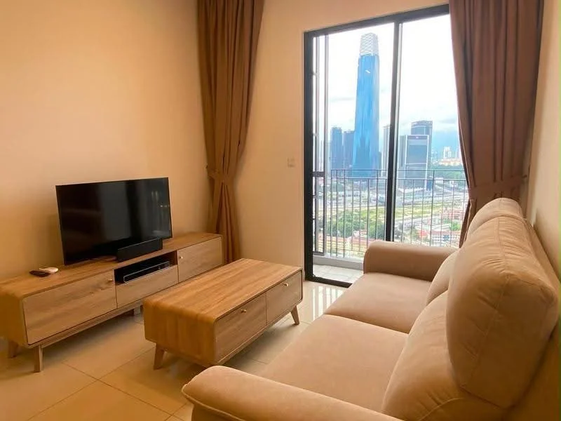 Living features: beige fabric sofa, wooden coffee table, TV console, wall-mounted TV, floor-to-ceiling windows, curtains, city skyline view, light-colored walls, tile flooring; style: modern; view: city.