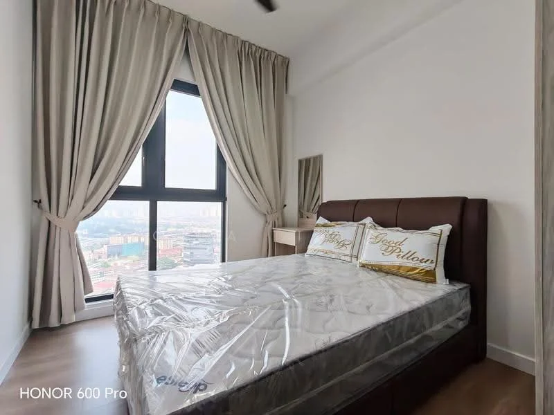 Bedroom features: king-size bed with brown leather headboard, two decorative pillows with text, floor-to-ceiling window, sheer curtains, wooden flooring, wall-mounted mirror, study desk, recessed ceiling lights; style: modern; view: city.