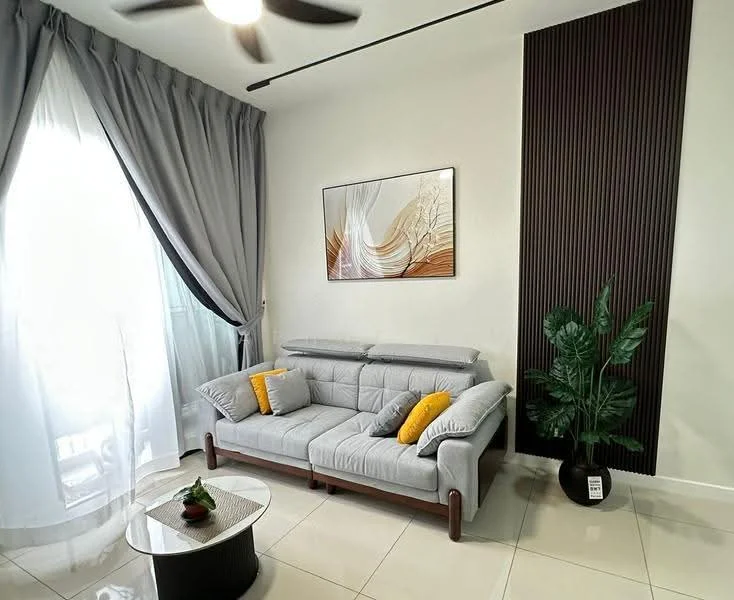Living features: 3-seater fabric sofa in grey, yellow accent cushions, round coffee table, floor-to-ceiling windows with sheer curtains, grey drapes, decorative plant in ceramic pot, textured accent wall in dark brown, recessed ceiling lights, ceiling fan; style: modern.
