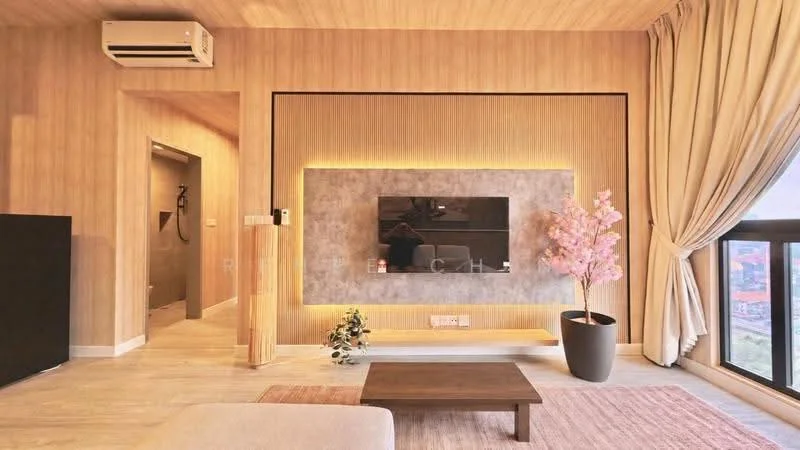 Living features: wood panelled walls, light wood ceiling, laminate flooring, wall-mounted TV, TV console with backlighting, decorative pink flower arrangement, potted plant, 3-seater sofa, area rug, floor-to-ceiling windows with city view, curtains, wall-mounted split AC; style: modern; view: city. Room features: doorway leading to hallway, light fixture.