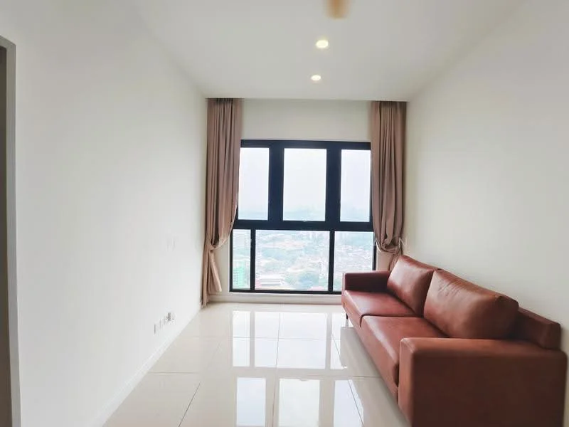 Living features: brown leather sofa, floor-to-ceiling windows, white painted walls, glossy tile flooring, curtains, recessed downlights, city view; style: modern; view: city.
