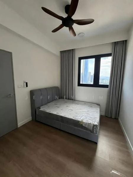 Bedroom features: queen-size bed, upholstered headboard, floor-to-ceiling window, grey curtains, wooden flooring, 5-blade ceiling fan, light fixture, white painted walls; style: modern; view: city.