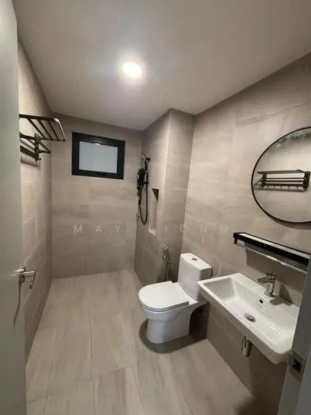 Bathroom features: grey tile flooring, grey tile walls, recessed downlights, round mirror, single-sink vanity with wall-mounted faucet, one-piece toilet, shower with handheld showerhead, towel rack, wall-mounted storage shelf; style: modern.