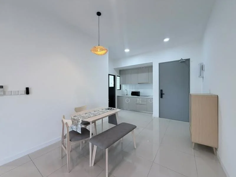 Dining features: white painted walls, glossy tile flooring, 5-blade ceiling fan with light, pendant lamp, 6-seater dining table, bench seating, kitchen cabinetry with grey finish, built-in microwave, black countertop, door leading to outdoor area, refrigerator, wall-mounted switches; style: modern.