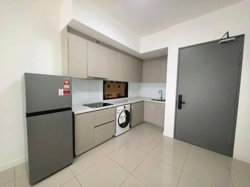 Kitchen features: grey cabinetry, white countertop, built-in oven, 4-burner gas hob, stainless-steel fridge, front-load washing machine, single-bowl stainless-steel sink, chrome pull-down faucet, tile flooring, wall-mounted cabinets, open shelving, sliding door, neutral wall color; style: modern.
