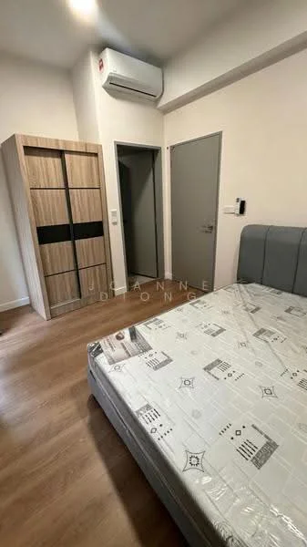 Bedroom features: queen-size bed, upholstered headboard, wooden wardrobe with sliding doors, grey accent wall, light wood flooring, wall-mounted air conditioning unit, door leading to hallway, light switch, decorative wall art; style: modern.